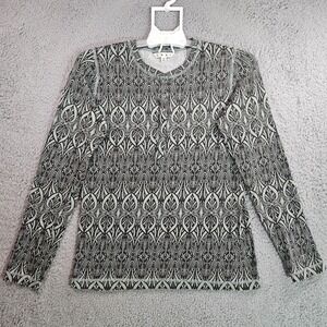 Cabi Tee Top Women Medium Long Sleeve Geometric Print Green Dark‎ Gray - M